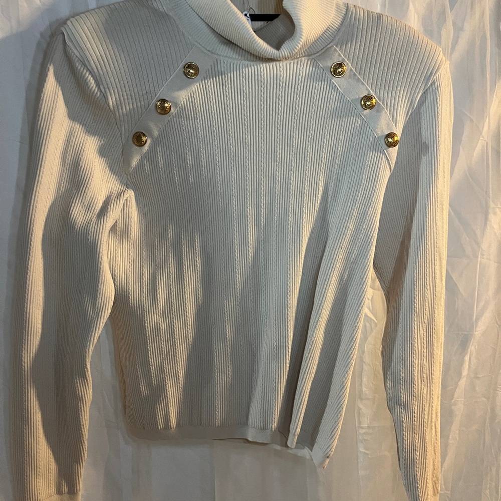 Express Cream Turtleneck Sweater with Gold Buttons